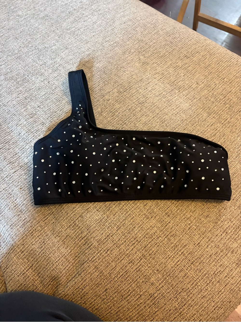 Black One-Shoulder Rhinestone Bikini Top